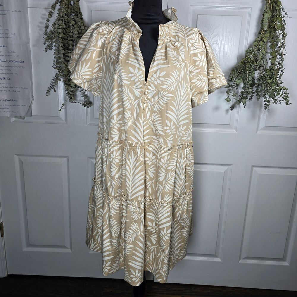 Crown And Ivy Tan And White Palm Leaf Dress Heavy Pockets Cottage XL